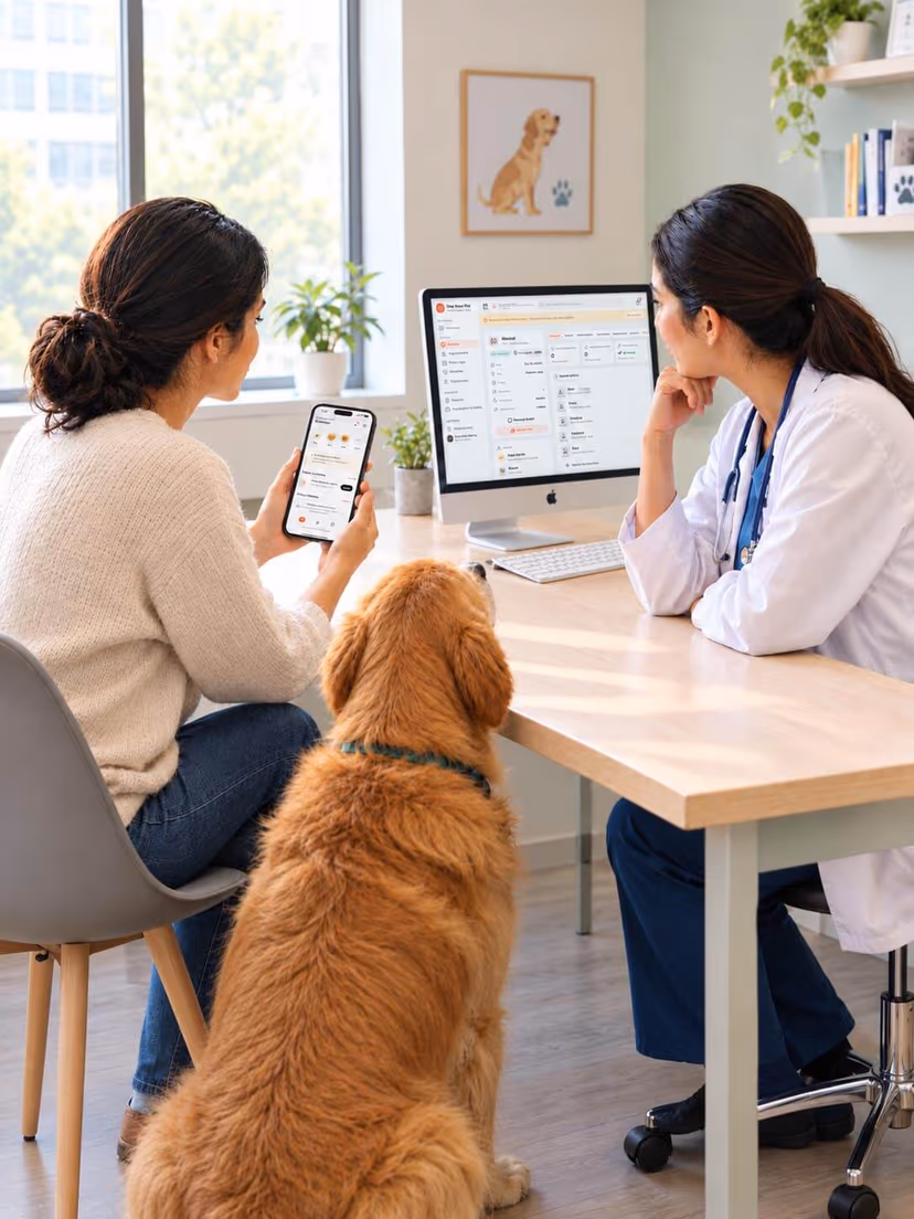 An owner turning their phone towards a vet across a consult table, choosing what to share